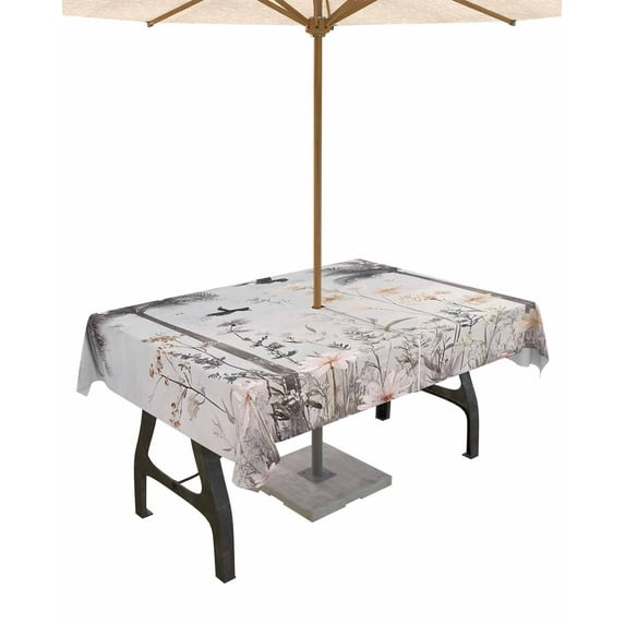 Fsddascl Spring Floral Outdoor Tablecloth - 60x102 Inch Rectangle Dining Table Cover, Watercolor Birds Palm Tree Botanical Waterproof Outdoor Table Cloth with Umbrella Hole & Zipper for Picnic/Patio