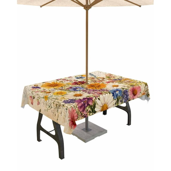 Fsddascl Spring Floral Outdoor Tablecloth - 60x120 Inch Rectangle Dining Table Cover, Vintage Summer Botanical Flowers Waterproof Outdoor Table Cloth with Umbrella Hole & Zipper for Picnic/Patio