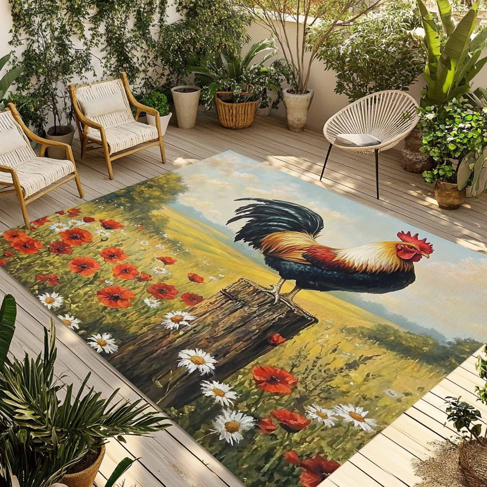 Fsddascl Spring Floral Rooster Outdoor Rug for Patio/Deck/Porch, Non ...