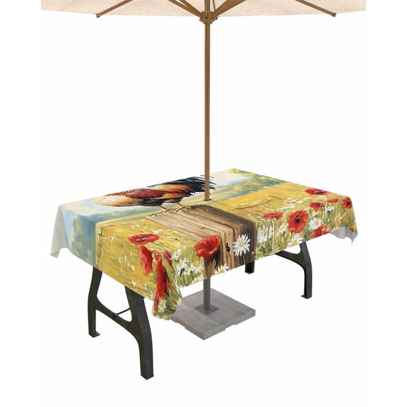 Fsddascl Spring Floral Rooster Outdoor Tablecloth - 60x120 Inch Rectangle Dining Table Cover, Retro Rooster Farmhouse Waterproof Outdoor Table Cloth with Umbrella Hole & Zipper for Picnic/Patio