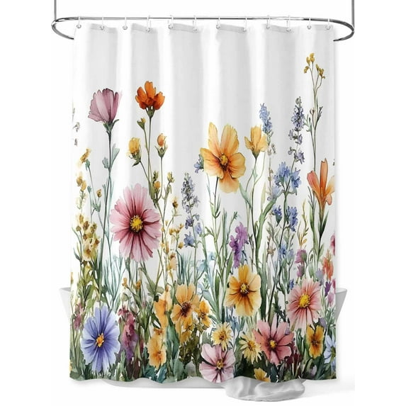 Fsddascl Spring Floral Shower Curtain Set - 54" x 78" Washable Bathtub Curtain with 12 Hooks, Yellow Pink Flowers Watercolor Farmhouse Waterproof Fabric Stall Shower Curtains for Bathroom/Bathtub