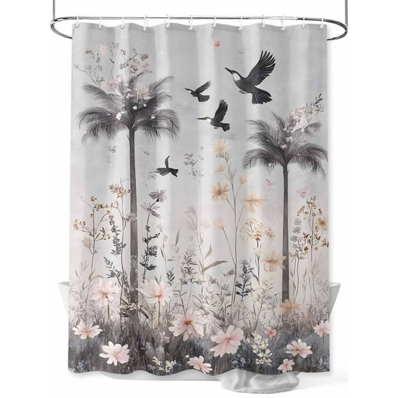 Fsddascl Spring Floral Shower Curtain Set - Small 36" x 72" Washable Bathtub Curtain with 12 Hooks, Watercolor Birds Palm Tree Botanical Waterproof Fabric Stall Shower Curtains for Bathroom/Bathtub