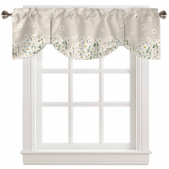 Fsddascl Spring Floral Tie Up Valance Curtains for Windows, Kitchen Curtains Window Treatments, White Daisy Farmhouse Linen Texture Short Window Shades Valances for Bedroom Bathroom Cafe 42"x18"