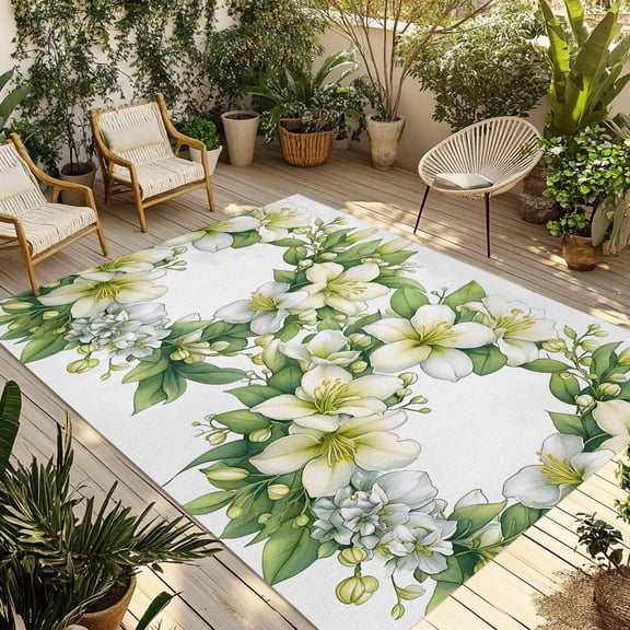 Fsddascl Spring Floral Wreath Outdoor Rug for Patio/Deck/Porch, Non-Slip Large Area Rug 5 x 8 Ft, Watercolor Botanical Blooms Indoor Outdoor Rugs Washable Area Rugs, Reversible Camping Rug Carpet