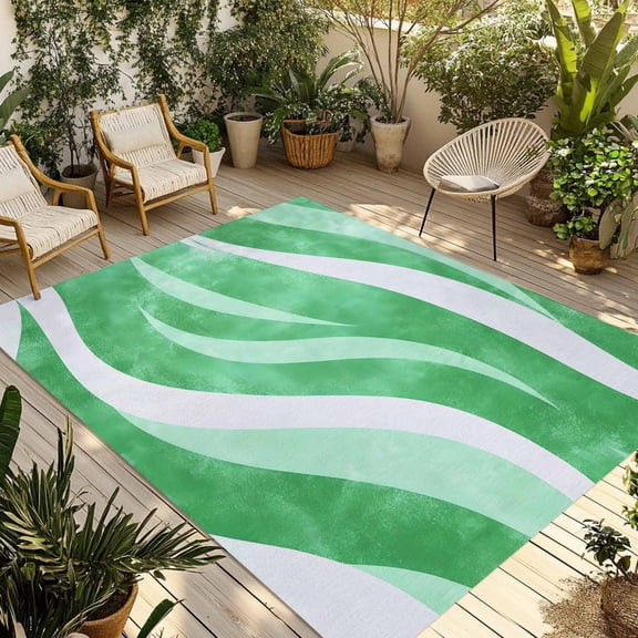Fsddascl Spring Green Waves Outdoor Rug for Patio/Deck/Porch, Non-Slip Large Area Rug 5 x 8 Ft, Ombre Sea Ripples Shabby Beach Indoor Outdoor Rugs Washable Area Rugs, Reversible Camping Rug Carpet