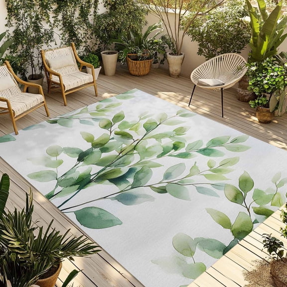 Fsddascl Spring Leaves Outdoor Rug for Patio/Deck/Porch, Non-Slip Large Area Rug 5 x 8 Ft, Simple Farmhouse Green Botanical Leaf Indoor Outdoor Rugs Washable Area Rugs, Reversible Camping Rug Carpet