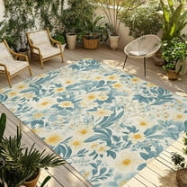 Fsddascl Spring Meadow Blooms Outdoor Rug for Patio/Deck/Porch, Non-Slip Large Area Rug 5 x 8 Ft, Teal Yellow Botanical Indoor Outdoor Rugs Washable Area Rugs, Reversible Camping Rug Carpet Runner