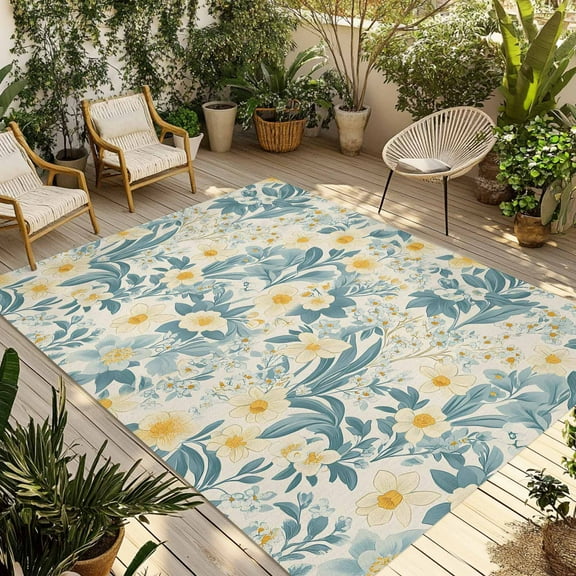 Fsddascl Spring Meadow Blooms Outdoor Rug for Patio/Deck/Porch, Non-Slip Large Area Rug 5 x 8 Ft, Teal Yellow Botanical Indoor Outdoor Rugs Washable Area Rugs, Reversible Camping Rug Carpet Runner
