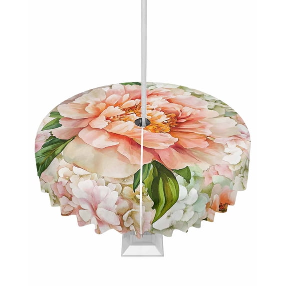 Fsddascl Spring Pink White Floral Outdoor Tablecloth - 60 Inch Round Dining Table Cover, Pastoral Botanical Flowers Waterproof Outdoor Table Cloth with Umbrella Hole & Zipper for Picnic/Patio/Party