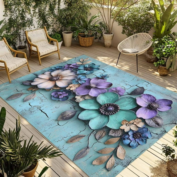 Fsddascl Spring Purple Flowers Outdoor Rug for Patio/Deck/Porch, Non-Slip Large Area Rug 5 x 8 Ft, Floral Mottled Teal Wall Retro Indoor Outdoor Rugs Washable Area Rugs, Camping Rug Carpet