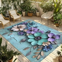 Fsddascl Spring Purple Flowers Outdoor Rug for Patio/Deck/Porch, Non-Slip Large Area Rug 5 x 8 Ft, Floral Mottled Teal Wall Retro Indoor Outdoor Rugs Washable Area Rugs, Camping Rug Carpet