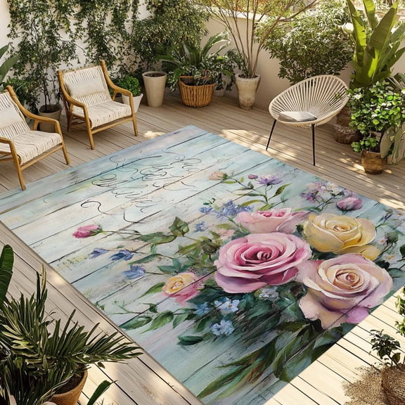 Fsddascl Spring Rose Outdoor Rug for Patio/Deck/Porch, Non-Slip Large Area Rug 5 x 8 Ft, Floral Leaves Botanical Rustic Wood Board Indoor Outdoor Rugs Washable Area Rugs, Camping Rug Carpet