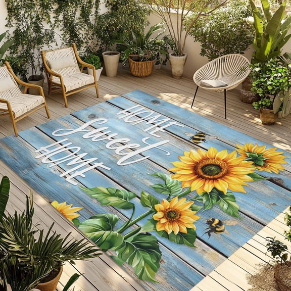 Fsddascl Spring Sunflower Outdoor Rug for Patio/Deck/Porch, Non-Slip Large Area Rug 5 x 8 Ft, Bee Wooden Grain Country Rustic Indoor Outdoor Rugs Washable Area Rugs, Reversible Camping Rug Carpet