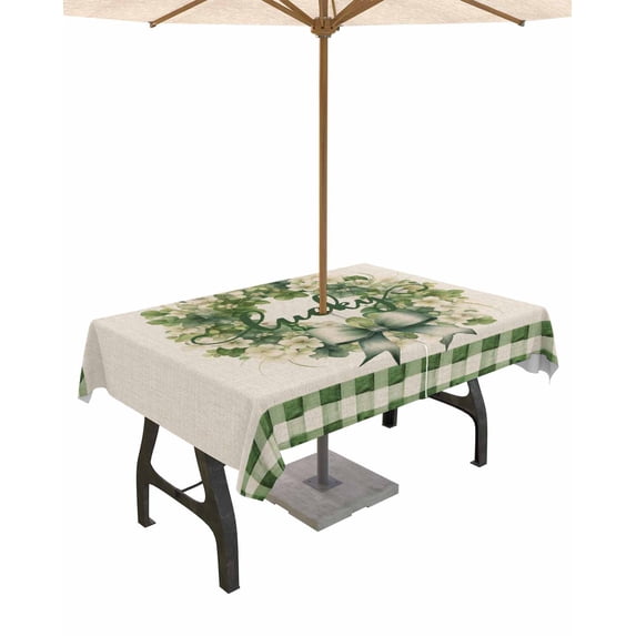 Fsddascl St. Patrick's Day Outdoor Tablecloth - 52x70 Inch Rectangle Dining Table Cover, Green Plaid Lucky Wreath Rustic Waterproof Outdoor Table Cloth with Umbrella Hole & Zipper for Picnic/Patio