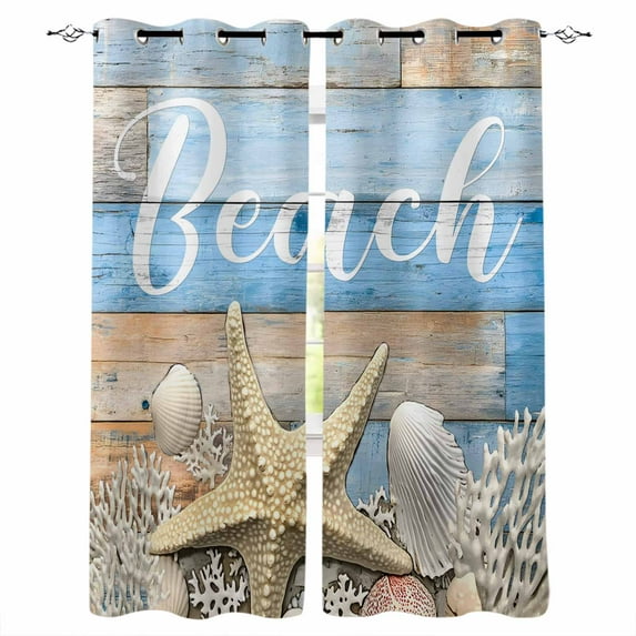 Fsddascl Starfish Blackout Curtains for Bedroom/Living Room, Thermal Insulated Kitchen Curtains, Blue Brown Ocean Shell Coral Farmhouse Grommet Darkening Window Treatment Drapes 52"x63"x2