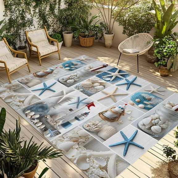 Fsddascl Starfish Outdoor Rug for Patio/Deck/Porch, Non-Slip Large Area Rug 4 x 6 Ft, Ocean Shell Coastal Nautical Flag Light-house Indoor Outdoor Rugs Washable Area Rugs, Camping Rug Carpet