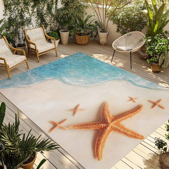 Fsddascl Starfish Outdoor Rug for Patio/Deck/Porch, Non-Slip Large Area Rug 5 x 8 Ft, Coastal Ocean Beach Sand Seashore Waves Indoor Outdoor Rugs Washable Area Rugs, Reversible Camping Rug Carpet