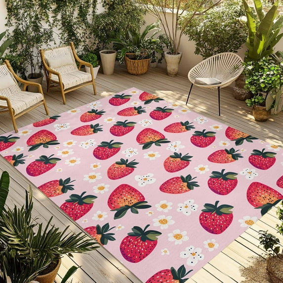Fsddascl Strawberry Outdoor Rug for Patio/Deck/Porch, Non-Slip Large Area Rug 4 x 6 Ft, Pink Spring Summer Rustic Floral Fruit Indoor Outdoor Rugs Washable Area Rugs, Reversible Camping Rug Carpet
