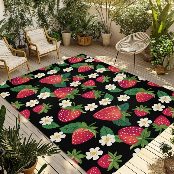 Fsddascl Strawberry Rustic Outdoor Rug for Patio/Deck/Porch, Non-Slip Large Area Rug 4 x 6 Ft, Black Spring Summer Floral Fruit Indoor Outdoor Rugs Washable Area Rugs, Reversible Camping Rug Carpet