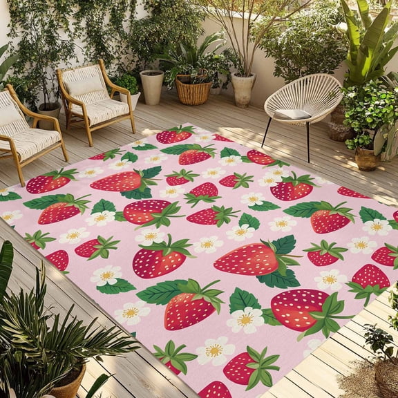 Fsddascl Strawberry Rustic Outdoor Rug for Patio/Deck/Porch, Non-Slip Large Area Rug 4 x 6 Ft, Pink Spring Summer Floral Fruit Indoor Outdoor Rugs Washable Area Rugs, Reversible Camping Rug Carpet