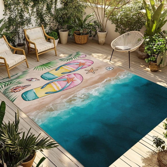 Fsddascl Summer Beach Coastal Outdoor Rug for Patio/Deck/Porch, Non-Slip Large Area Rug 5 x 8 Ft, Slippers Palm Leaf Shells Coral Indoor Outdoor Rugs Washable Area Rugs, Camping Rug Carpet