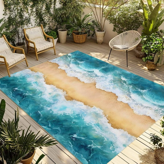 Fsddascl Summer Beach Outdoor Rug for Patio/Deck/Porch, Non-Slip Large Area Rug 4 x 6 Ft, Coastal Teal Ocean Sea Wave Nautical Indoor Outdoor Rugs Washable Area Rugs, Reversible Camping Rug Carpet
