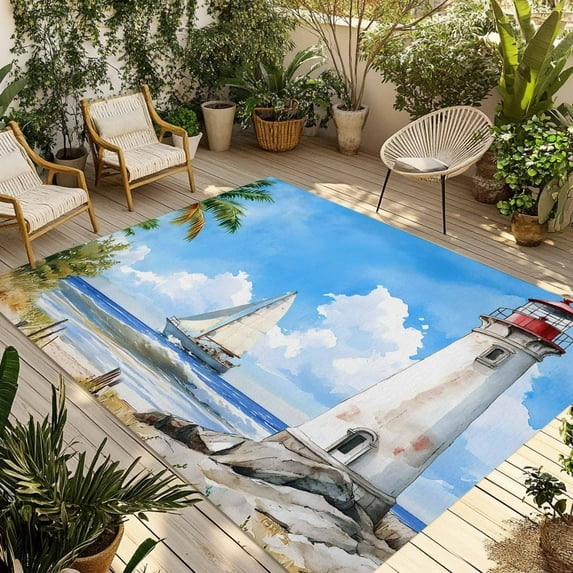 Fsddascl Summer Beach Outdoor Rug for Patio/Deck/Porch, Non-Slip Large Area Rug 4 x 6 Ft, Retro Lighthouse Sailing Nautical Indoor Outdoor Rugs Washable Area Rugs, Reversible Camping Rug Carpet