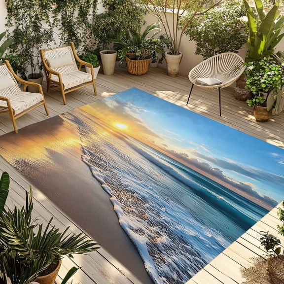Fsddascl Summer Beach Outdoor Rug for Patio/Deck/Porch, Non-Slip Large Area Rug 4 x 6 Ft, Sunset Ocean Coastal Nautical Indoor Outdoor Rugs Washable Area Rugs, Reversible Camping Rug Carpet Runner