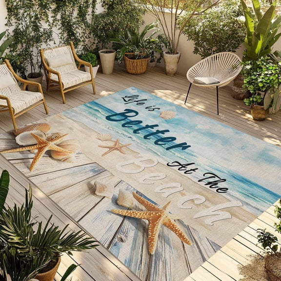 Fsddascl Summer Beach Outdoor Rug for Patio/Deck/Porch, Non-Slip Large Area Rug 5 x 8 Ft, Watercolor Ocean Waves Starfish Plank Indoor Outdoor Rugs Washable Area Rugs, Reversible Camping Rug Carpet