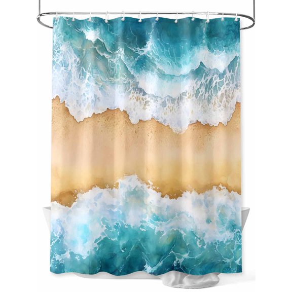 Fsddascl Summer Beach Shower Curtain Set - Small 36" x 72" Washable Bathtub Curtain with 12 Hooks, Coastal Teal Ocean Sea Wave Nautical Waterproof Fabric Stall Shower Curtains for Bathroom/Bathtub