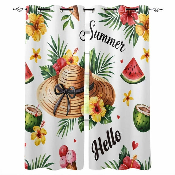 Fsddascl Summer Blackout Curtains for Bedroom/Living Room, Thermal Insulated Kitchen Curtains, Tropical Plants Watermelon Coconut Straw Hat Grommet Darkening Window Treatment Drapes 52"x72"x2
