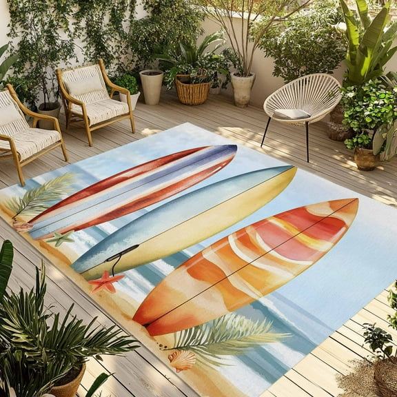 Fsddascl Summer Blue Coastal Outdoor Rug for Patio/Deck/Porch, Non-Slip Large Area Rug 6 x 9 Ft, Canoeing Yellow Beach Starfish Indoor Outdoor Rugs Washable Area Rugs, Reversible Camping Rug Carpet