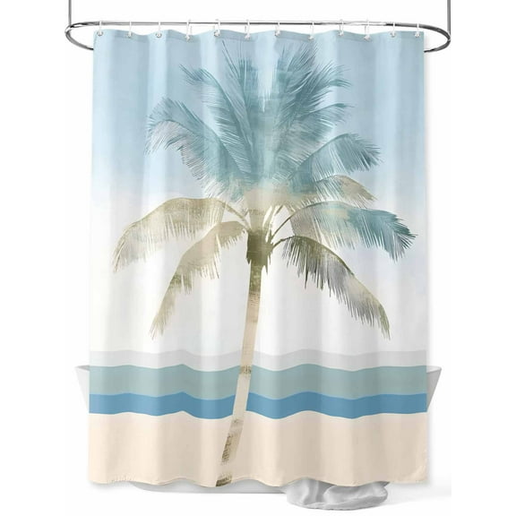 Fsddascl Summer Coast Palm Trees Shower Curtain Set - Small 36" x 72" Washable Bathtub Curtain with 12 Hooks, Blue Sky Watercolor Beach Waterproof Fabric Stall Shower Curtains for Bathroom/Bathtub