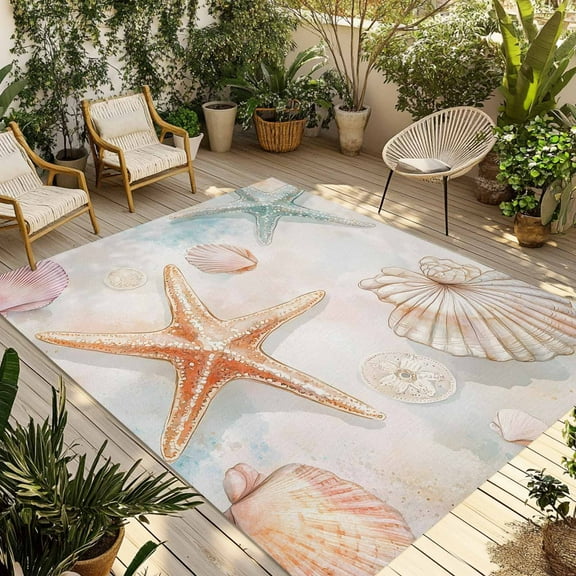 Fsddascl Summer Coastal Outdoor Rug for Patio/Deck/Porch, Non-Slip Large Area Rug 4 x 6 Ft, Starfish Shell Beach Nautical Indoor Outdoor Rugs Washable Area Rugs, Reversible Camping Rug Carpet Runner