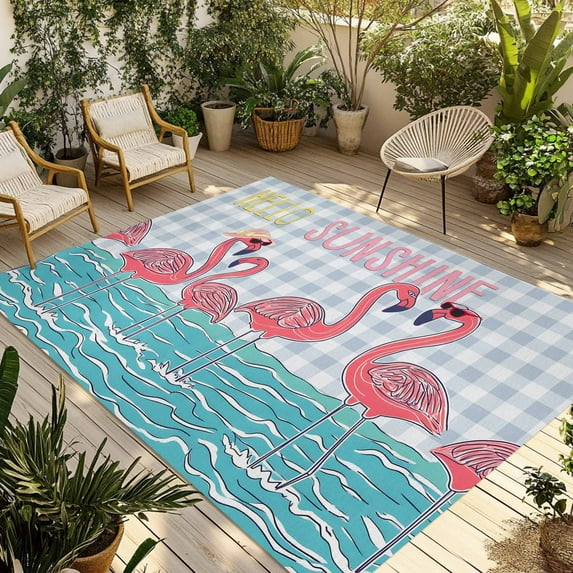 Fsddascl Summer Cute Flamingo Outdoor Rug for Patio/Deck/Porch, Non-Slip Large Area Rug 4 x 6 Ft, Cartoon Animal Grey Check Plaid Indoor Outdoor Rugs Washable Area Rugs, Camping Rug Carpet