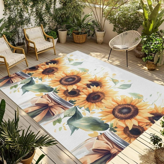Fsddascl Summer Floral Outdoor Rug for Patio/Deck/Porch, Non-Slip Large Area Rug 4 x 6 Ft, Spring Retro Watercolor Sunflowers Bow Vase Indoor Outdoor Rugs Washable Area Rugs, Camping Rug Carpet