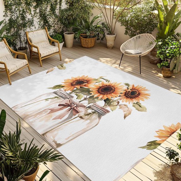 Fsddascl Summer Floral Outdoor Rug for Patio/Deck/Porch, Non-Slip Large Area Rug 4 x 6 Ft, Vintage Spring Watercolor Sunflowers in Vase Indoor Outdoor Rugs Washable Area Rugs, Camping Rug Carpet