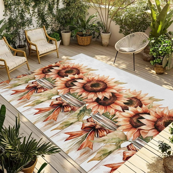 Fsddascl Summer Floral Outdoor Rug for Patio/Deck/Porch, Non-Slip Large Area Rug 5 x 8 Ft, Spring Sunflowers Leaf Plant Bow Vase Indoor Outdoor Rugs Washable Area Rugs, Reversible Camping Rug Carpet