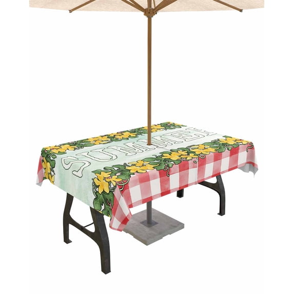 Fsddascl Summer Flowers Outdoor Tablecloth - 60x102 Inch Rectangle Dining Table Cover, Leaves Red Plaid Country Retro Farm Waterproof Outdoor Table Cloth with Umbrella Hole & Zipper for Picnic/Patio