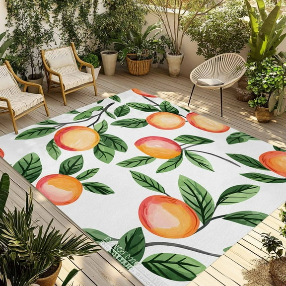 Fsddascl Summer Fruits Outdoor Rug for Patio/Deck/Porch, Non-Slip Large Area Rug 4 x 6 Ft, Spring Orange Peach Green Botanical Indoor Outdoor Rugs Washable Area Rugs, Reversible Camping Rug Carpet