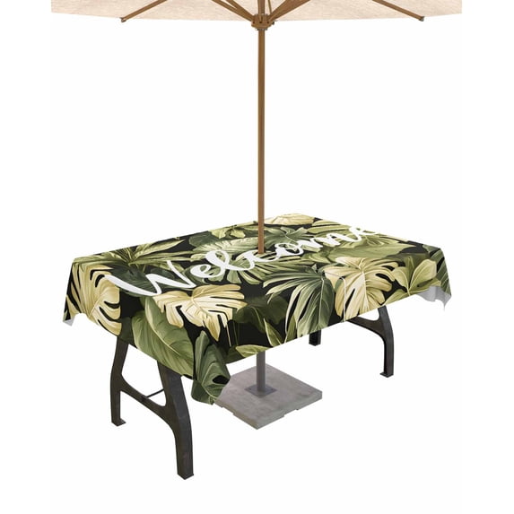 Fsddascl Summer Green Leaf Outdoor Tablecloth - 60x102 Inch Rectangle Dining Table Cover, Botanical Watercolor Tropical Plants Waterproof Outdoor Table Cloth with Umbrella Hole & Zipper for Patio