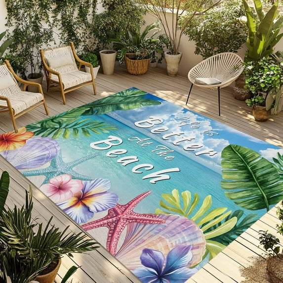 Fsddascl Summer Green Palm Leaf Outdoor Rug for Patio/Deck/Porch, Non-Slip Large Area Rug 5 x 8 Ft, Blue Ocean Sky Beach Starfish Conch Indoor Outdoor Rugs Washable Area Rugs, Camping Rug Carpet
