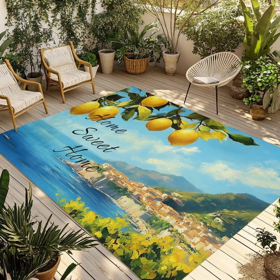Fsddascl Summer Lemon Outdoor Rug for Patio/Deck/Porch, Non-Slip Large Area Rug 4 x 6 Ft, Coastal Beach Fruit Mountain Town Indoor Outdoor Rugs Washable Area Rugs, Reversible Camping Rug Carpet
