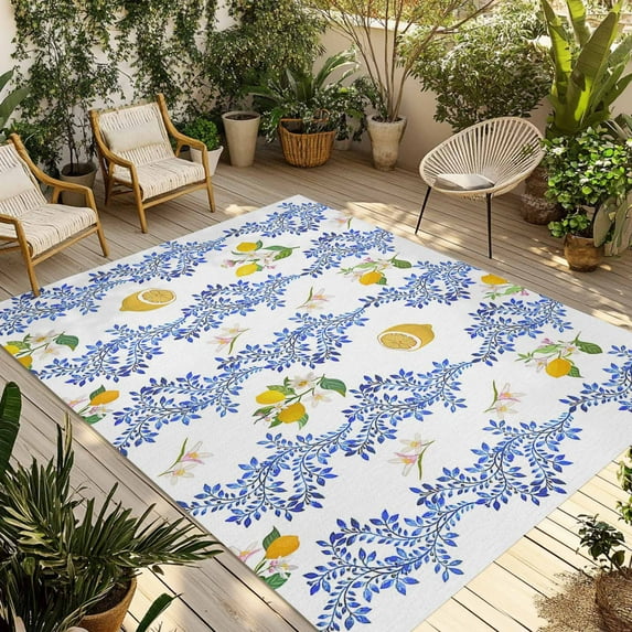 Fsddascl Summer Lemon Outdoor Rug for Patio/Deck/Porch, Non-Slip Large Area Rug 4 x 6 Ft, Navy Blue Spring Floral Botanical Indoor Outdoor Rugs Washable Area Rugs, Reversible Camping Rug Carpet