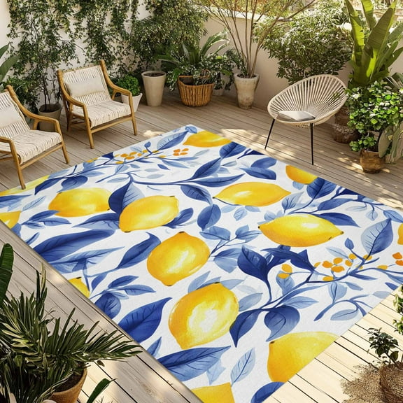 Fsddascl Summer Lemon Outdoor Rug for Patio/Deck/Porch, Non-Slip Large Area Rug 4 x 6 Ft, Watercolor Yellow Blue Garden Floral Indoor Outdoor Rugs Washable Area Rugs, Reversible Camping Rug Carpet