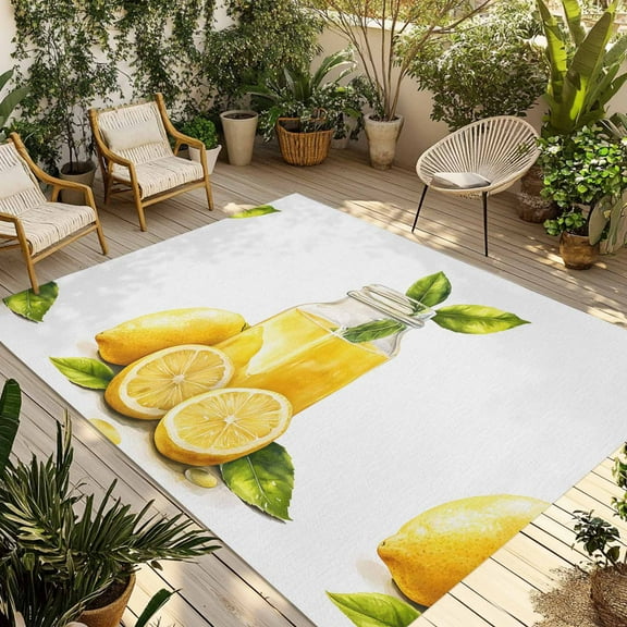 Fsddascl Summer Lemon Outdoor Rug for Patio/Deck/Porch, Non-Slip Large Area Rug 5 x 8 Ft, Yellow Watercolor Pastel Country Retro Indoor Outdoor Rugs Washable Area Rugs, Reversible Camping Rug Carpet