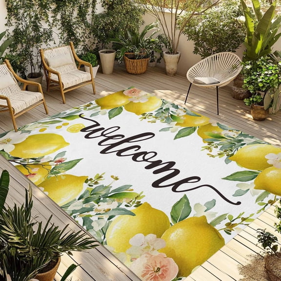 Fsddascl Summer Lemon Outdoor Rug for Patio/Deck/Porch, Non-Slip Large Area Rug 6 x 9 Ft, Spring Yellow Fruits Green Leaf Plant Indoor Outdoor Rugs Washable Area Rugs, Reversible Camping Rug Carpet