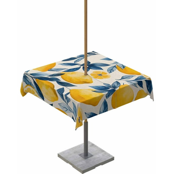 Fsddascl Summer Lemon Outdoor Tablecloth - 54x54 Inch Square Dining Table Cover, Spring Leaf Watercolor Pastoral Plant Waterproof Outdoor Table Cloth with Umbrella Hole & Zipper for Picnic/Patio