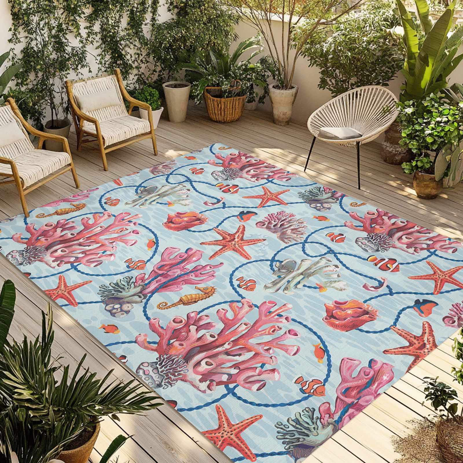 Fsddascl Summer Ocean Coral Outdoor Rug for Patio/Deck/Porch, Non-Slip ...