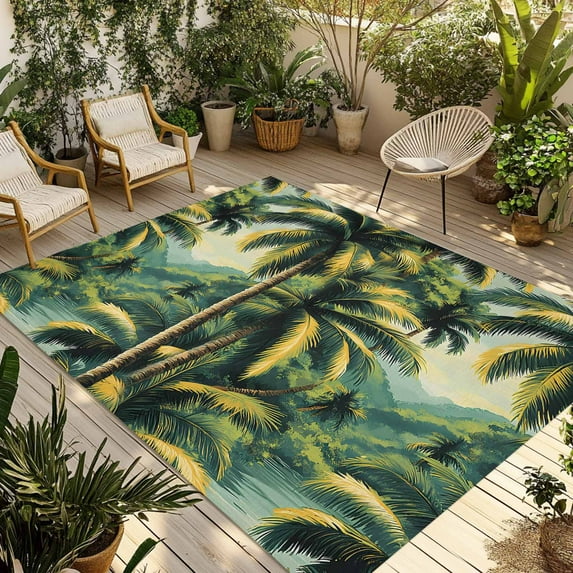 Fsddascl Summer Palm Tree Outdoor Rug for Patio/Deck/Porch, Non-Slip Large Area Rug 5 x 8 Ft, Tropical Plant Leaves Nature Landscape Indoor Outdoor Rugs Washable Area Rugs, Camping Rug Carpet